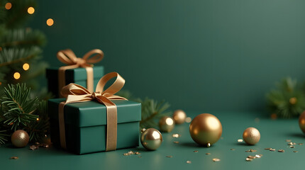 Green Christmas Decorative Background with Gift Boxes Golden Ribbon and Elegant Holiday Copy Space