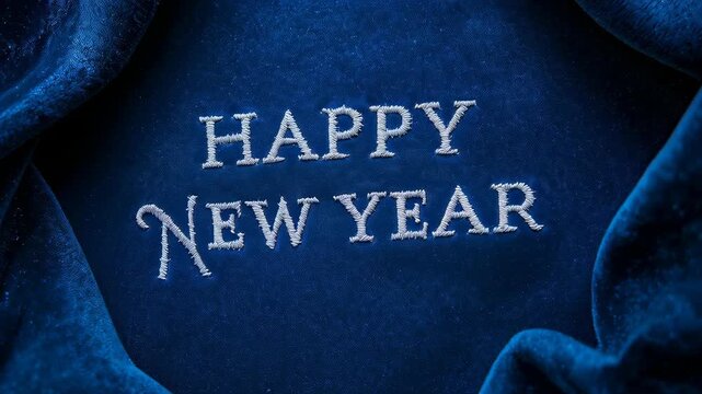 Camera pushing in, velvet folds settling, sparkles drifting over HAPPY NEW YEAR embroidery studio