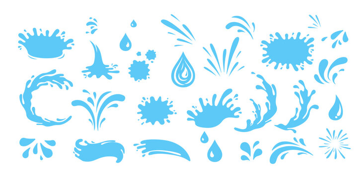 Liquid splash silhouette. Water drop splatter and droplet splash icons, water flow ripple and sea wave black shape. Vector isolated collection. Stains and ink blots or spots of various shapes