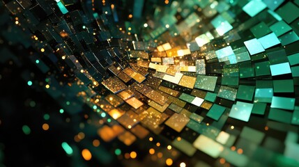 Digital iridescent squares and glowing particles creating a dynamic, flowing mosaic pattern in vibrant gold, teal, and emerald hues, representing data flow and technological concepts