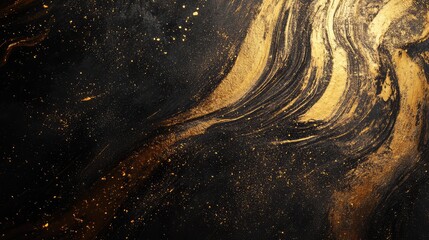 Black background features dynamic golden paint swirls and sparkling glitter, forming an artistic and luxurious abstract backdrop with rich visual texture