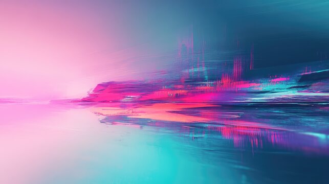 Abstract digital painting showing dynamic light streams and pixelated forms representing data flow and technology. Rendered in vibrant pink. Magenta. And teal colors reflecting on a simulated surface - Powered by Adobe