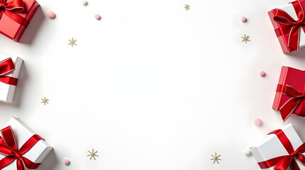 Christmas Decorative Background with Red Gift Boxes Festive Border and White Copy Space