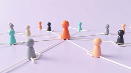 Obraz premium A large orange central figure connects (via white lines) to smaller colorful figures on a soft purple background.