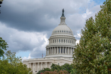 U.S. Capitol Dome Framed by Trees Under Cloudy Sky