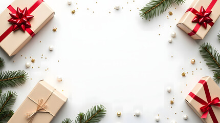 Christmas Decorative Background with Gift Boxes Pine Branches and Elegant White Copy Space