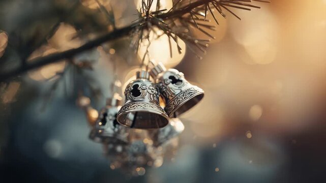 Pulling focus, camera revealing silver bells and crystal bauble on evergreen branch, drifting snow