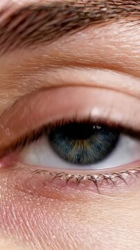 Close-up of human eye revealing intricate details. Eye blinks showcasing stunning color variations and depth. Captivating vertical shot emphasizes beauty in nature.