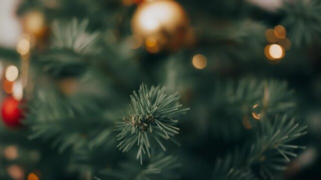 Pulling camera focusing pine branch to reveal needles at home with gold, red baubles, string lights
