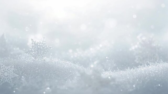 Twinkling snowflake silhouette resting left on granular snow mound, shifting light causing bokeh