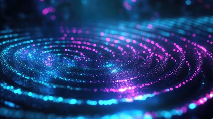 Abstract network of glowing blue and purple particles creating swirling data patterns, representing big data flow, artificial intelligence, and global technology advancements