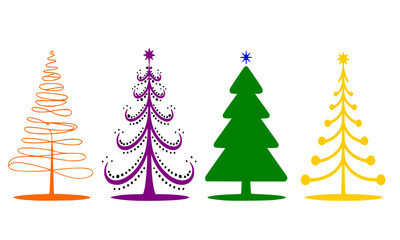 Obraz premium Four Stylized Christmas Trees in Diverse Artistic Styles, Abstract and Geometric Holiday Decoration Vector Set