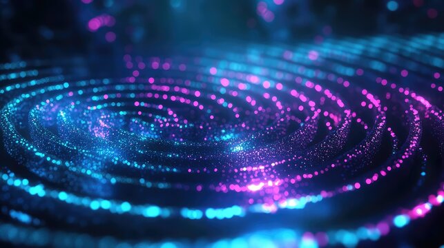 Abstract network of glowing blue and purple particles creating swirling data patterns, representing big data flow, artificial intelligence, and global technology advancements - Powered by Adobe