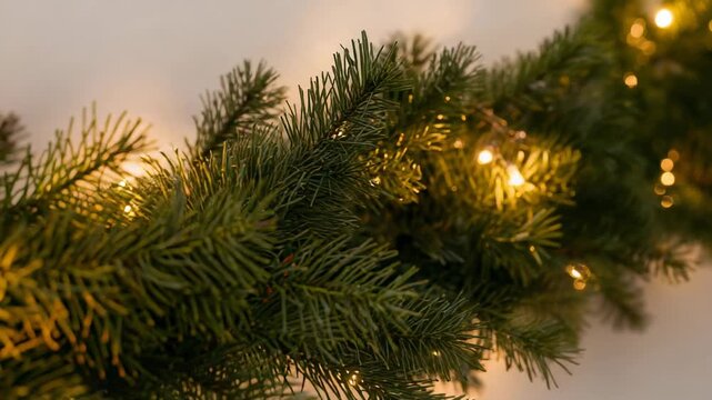 Panning camera revealing evergreen garland on light wall, showing warm white string lights