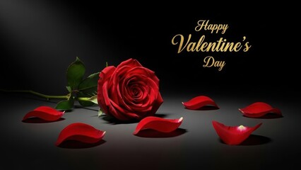 Romantic red rose and petals with happy valentines day greeting