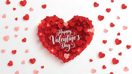 Heart made of small red hearts with happy valentines day text, isolated on white background
