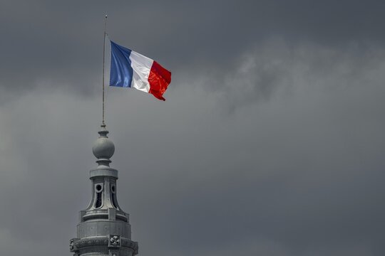 The French national flag, tricolour, on the Grand Palais, Paris, &Icirc;le-de-France, France