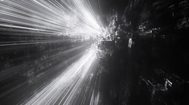 Abstract digital data stream, represented by bright light rays, moving rapidly through a dark, complex network structure resembling a futuristic cityscape - Powered by Adobe