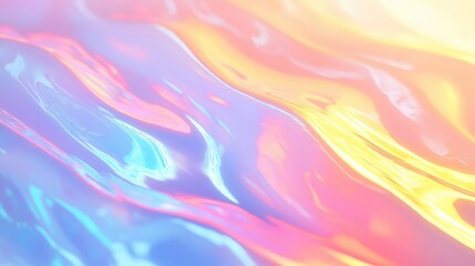 Iridescent liquid surface creating a holographic pastel background with soft waves and dynamic colors, representing fluidity, elegance, and modern abstract design