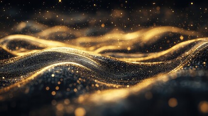 Golden glittering particles creating dynamic, flowing wave patterns against a dark backdrop, representing data connections, luxury, digital technology, or elegant celebration