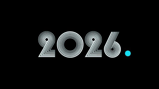 2026 number in stylish font bounce animation with circular shape in white and sky blue on black background, modern motion graphics, 4K resolution