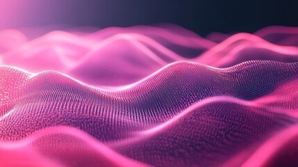 Abstract background showing a dynamic particle grid creating undulating pink and purple luminous waves, representing data flow and technological concepts