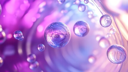 Glossy transparent spheres moving through a vibrant abstract background, creating a futuristic and dynamic visual with swirling purple, pink, and blue fluid elements