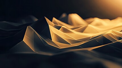 Polygonal low poly landscape with golden light on geometric facets, suggesting data networks, analytics, blockchain and digital innovation driving financial growth and futuristic connections