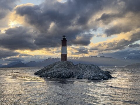 Lighthouse Faro Les Eclaireurs at sunset, dramatic clouds, Beagle Channel, Tierra del Fuego, Tierra del Fuego, Argentina