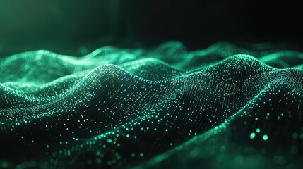 Abstract green digital wave surface forming a network of connecting particles and lines, representing big data flow, artificial intelligence, and advanced technology concepts
