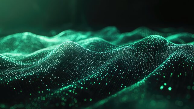 Abstract green digital wave surface forming a network of connecting particles and lines, representing big data flow, artificial intelligence, and advanced technology concepts - Powered by Adobe