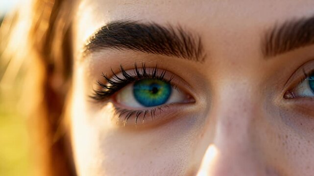 Woman eye close-up captures a green blue iris with radial patterns and sharp eyelashes and eyebrow details suitable for beauty, medical, cosmetic and editorial use emphasizing color and texture