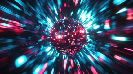 Reflective disco ball shines with glowing red and blue light beams, creating a dynamic, futuristic tunnel effect perfect for music, party, and energy concepts