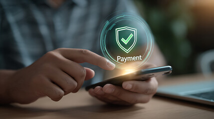Person holding smartphone interacting with secure payment interface hands screen