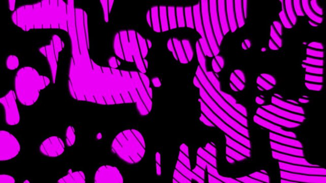 Abstract distorted neon purple concentric circles with melting fluid texture on black background


