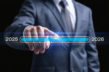Businessman Pointing to Loading Progress Bar, Data Analysis Interface, New Year 2026 Business Concept, Hand Interacting with Digital Interface, Loading 2026 Data, Corporate Technology Background.
