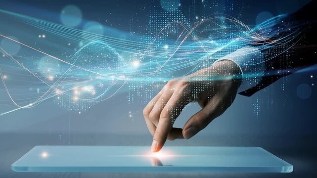 Futuristic technology artificial intelligence digital interface innovation data visualization business hand touch interactive glowing with machine learning and data science, hand touching screen