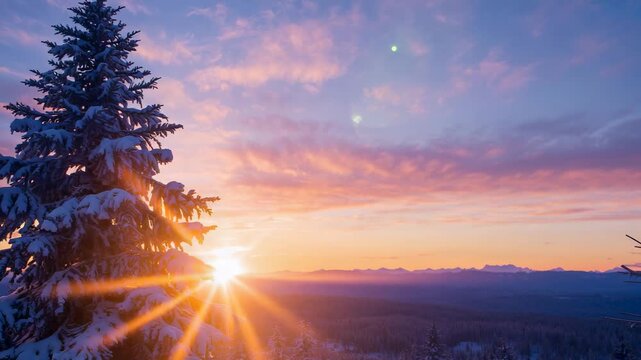 Rising sun breaking ridge, backlighting snowladen fir on mountain, creating starburst, copy space