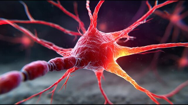 Neuron cell with glowing dendrite and axon illustrating neuropsychopharmacology research and neural signaling vibrant red