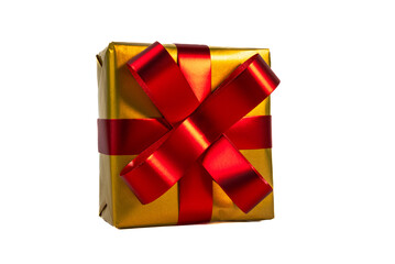 Premium golden present with bright red ribbon and bow, ideal for holiday promotions, luxury gifts, or Christmas visuals. 