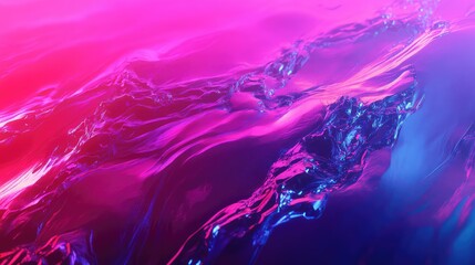 Abstract digital waves creating a dynamic background, blending vibrant pink, purple, and blue hues with reflective surfaces, suggesting liquid motion and futuristic energy
