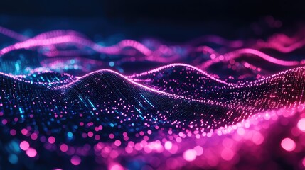 Glowing data particles forming an abstract dynamic wave surface, representing interconnected information, big data visualization, and technological advancements in a futuristic cyberspace
