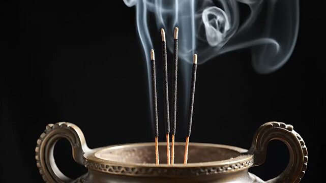 Dramatic 4K Slow Motion Incense Smoke Rising from a Bronze Censer on a Dark Background: Meditation, Zen, and Spiritual Ritual