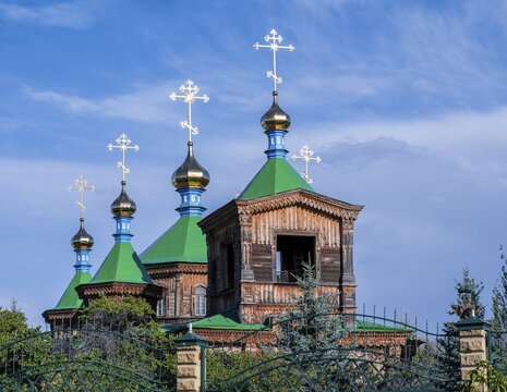 Russian Orthodox Church Cathedral of the Holy Trinity, wooden church with green spires, Karakol, Kyrgyzstan