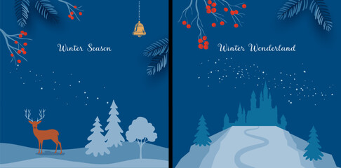 Set of Winter Season banners in modern flat graphic style. Winter Wonderland with deer, castle on a hill, snow-covered fir trees and red berries on bare tree branches. Christmas and New Year Cards