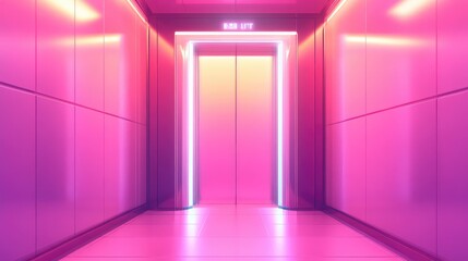 Futuristic elevator portal glowing with vibrant pink and purple neon light, offering a glimpse into a modern high tech passage and reflecting digital innovation
