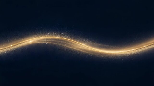 Entering glowing golden ribbon moving across deep navy-blue backdrop, shedding sparkling particles