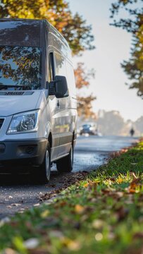 Eco friendly delivery van on quiet autumn road with sunlight, green grass, and leaves, promoting sustainable transportation, green logistics, and efficient vehicle based delivery solutions