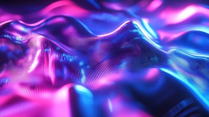 Abstract digital mesh surface creating dynamic glowing waves, reflecting vibrant neon pink and blue light, visualizing data flow, technology, and interconnected networks