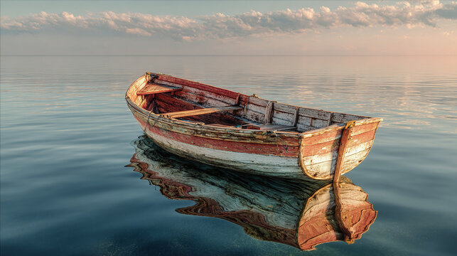 A weathered rowboat gracefully floats upon calm waters, mirroring the serene sky above. The boat's worn appearance tells a tale of journeys and resilience